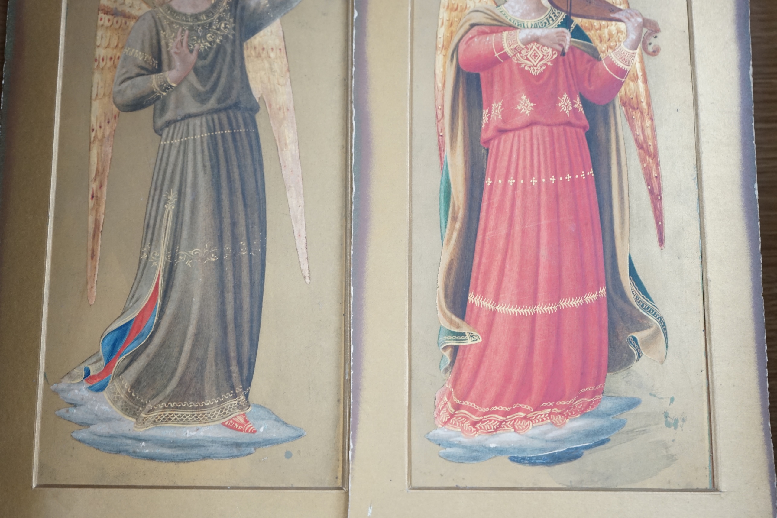 Style of Fra Angelico (Italian), pair of 19th century gilt and watercolour studies, Heralding angels, 31 x 11cm, mounted, unframed. Condition - fair, general wear